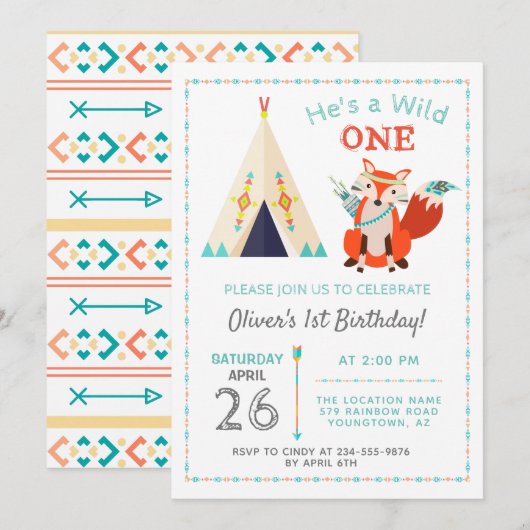 Woodland Wild One Fox Boho Teepee Boy1st Birthday Kaart (Voorkant / Achterkant)