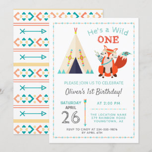 Woodland Wild One Fox Boho Teepee Boy1st Birthday Kaart