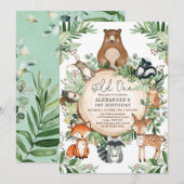 Woodland Wild One Rustic Greenery Animals Birthday Kaart (Voorkant / Achterkant)