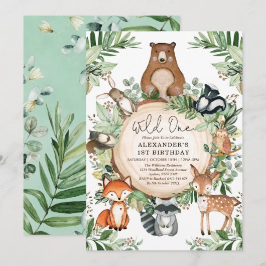 Woodland Wild One Rustic Greenery Animals Birthday Kaart (Voorkant / Achterkant)
