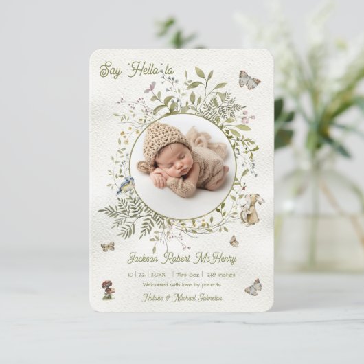 Woodland Wildflower Wreath Geboorte Baby Aankondig Kaart (Staand voorkant)