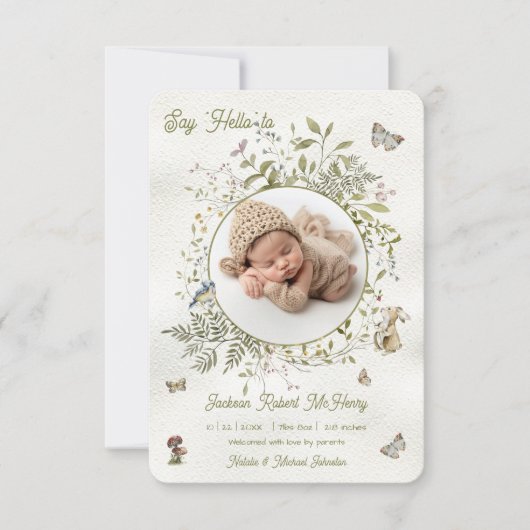 Woodland Wildflower Wreath Geboorte Baby Aankondig Kaart (Voorkant)