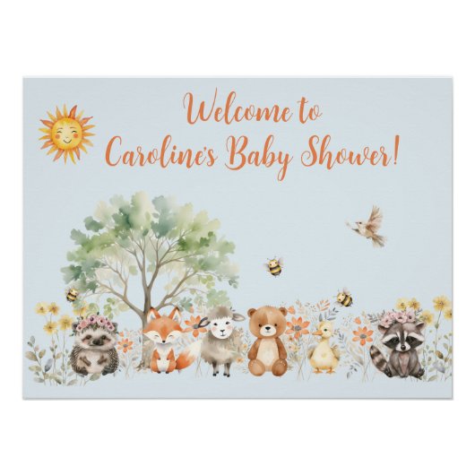 Woodland Wildlife Blue Baby shower Perfect Poster (Voorkant)