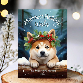 Woodland Winter Akita Dog Merriest Wishes Feestdagenkaart