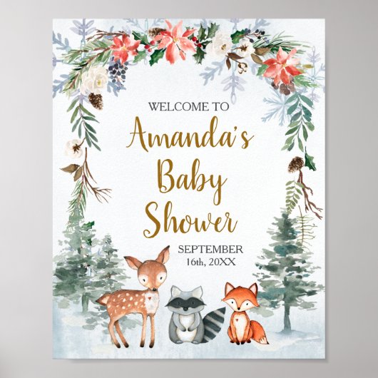 Woodland Winter Baby shower Forest Animals Welkom Poster (Voorkant)