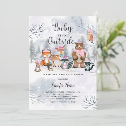 Woodland Winter Baby shower Meisje Uitnodigingsbos Kaart (Staand voorkant)