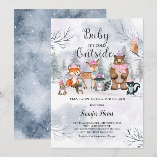 Woodland Winter Baby shower Meisje Uitnodigingsbos Kaart (Voorkant / Achterkant)