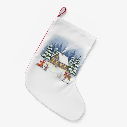 Woodland Winter Cabin Christmas Stocking Kleine Kerstsok (Voorkant (Hangend))