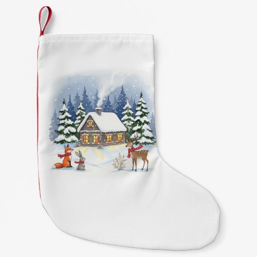 Woodland Winter Cabin Christmas Stocking Kleine Kerstsok (Voorkant)