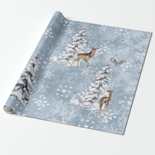 Woodland Winter Deer Kerstboom Snowflake Cadeaupapier (Uitgerold)