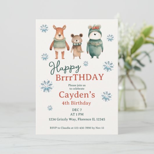 Woodland Winter Dier Jongen Verjaardag Kaart (Staand voorkant)