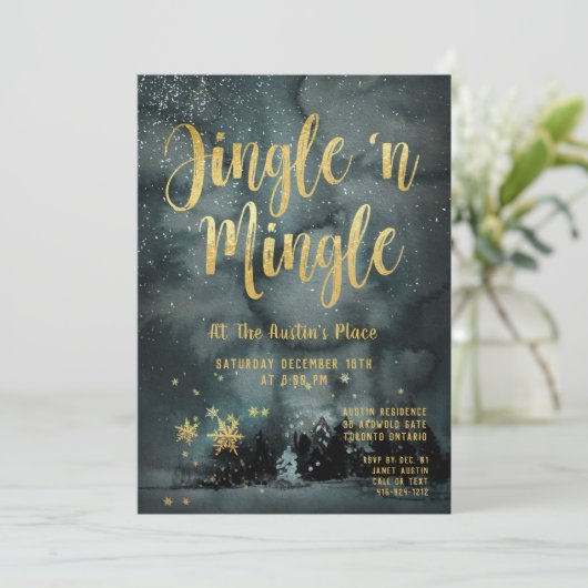 Woodland Winter Jingle Mingle Gold Holiday Partij Kaart (Staand voorkant)