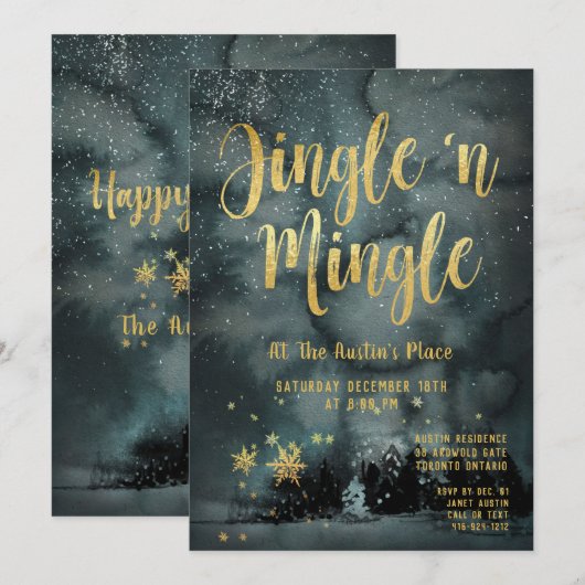 Woodland Winter Jingle Mingle Gold Holiday Partij Kaart (Voorkant / Achterkant)