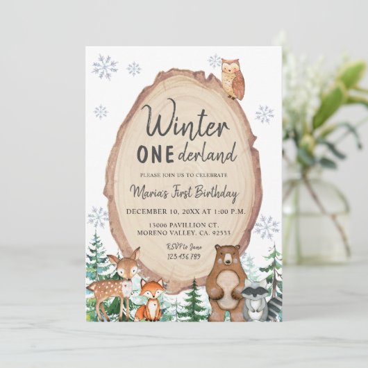 Woodland Winter Onederland Birthday Invitation Kaart (Staand voorkant)