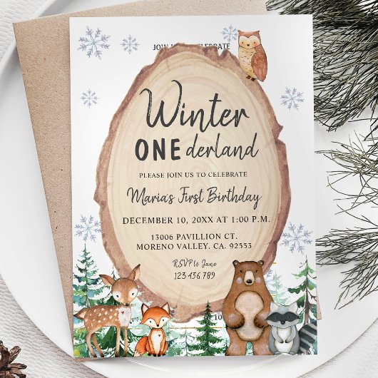 Woodland Winter Onederland Birthday Invitation Kaart