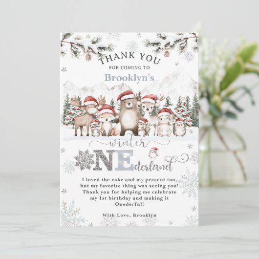 Woodland Winter ONEderland Kerstmis 1e verjaardag Bedankkaart (Staand voorkant)