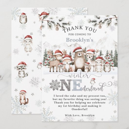 Woodland Winter ONEderland Kerstmis 1e verjaardag Bedankkaart (Voorkant / Achterkant)
