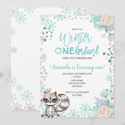 Woodland Winter ONEderland Snow Birthday Invite Kaart (Voorkant / Achterkant)