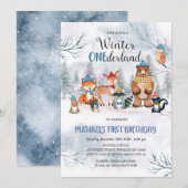 Woodland Winter ONEderland Verjaardag Uitnodiging (Voorkant / Achterkant)