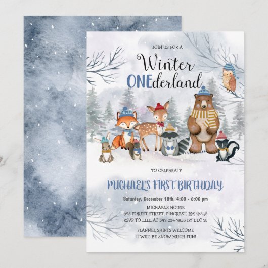 Woodland Winter ONEderland Verjaardag Uitnodiging (Voorkant / Achterkant)