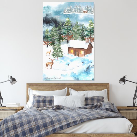 Woodland Winter Scene Waterverf "Laura Corah Art" Canvas Afdruk (Insitu (Slaapkamer))