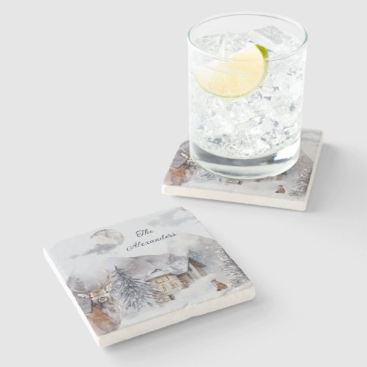 Woodland Winter Waterverf Familienaam Monogrammed Stenen Onderzetter (Zijkant)