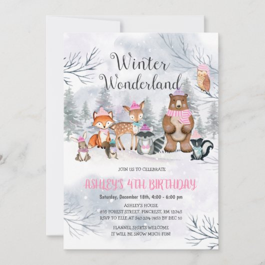 Woodland Winter Wonderland Birthday Invitation Kaart (Voorkant)