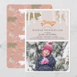 Woodland Winter Wonderland Roze Foto Verjaardag Kaart