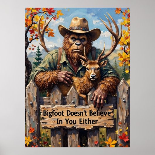 Woodland Wisdom: Bigfoot, Elk en het hek Poster (Voorkant)