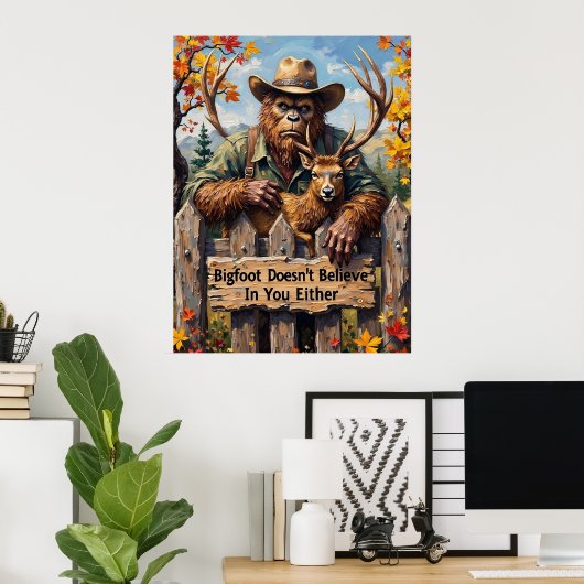Woodland Wisdom: Bigfoot, Elk en het hek Poster (Thuiskantoor)