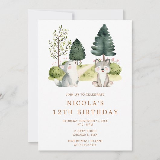 Woodland Wolf verjaardagsfeestje uitnodiging (Voorkant)