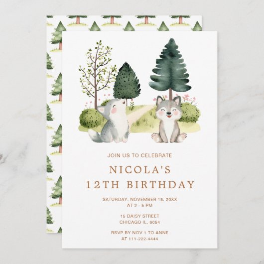 Woodland Wolf verjaardagsfeestje uitnodiging (Voorkant / Achterkant)