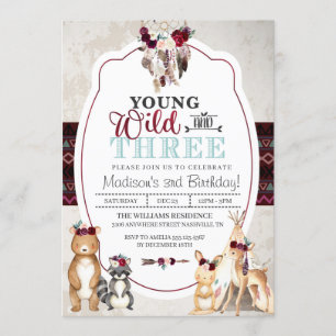 Woodland Young Wild and Three Birthday Invitation Kaart