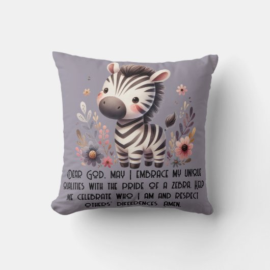 Woodland Zebra Kinder Christelijke Gebed op Paarse Kussen (Voorkant)