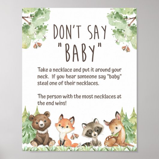 Woodland Zeg niet dat Baby shower Game Sign. Poster (Voorkant)