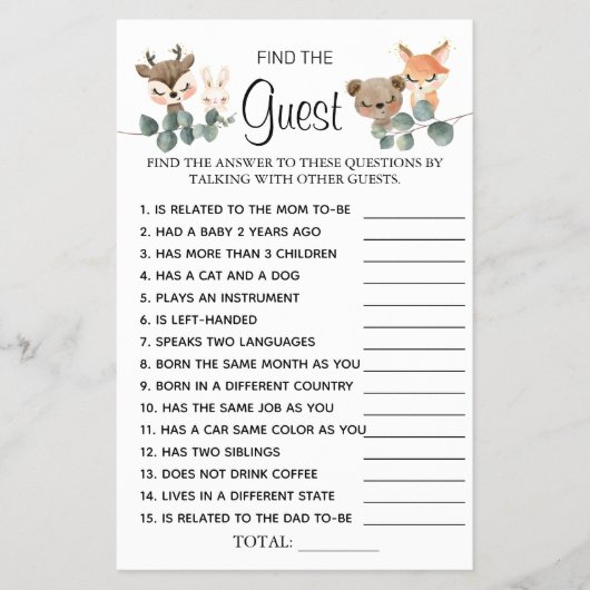 Woodland Zoek de gamekaart van het gastBaby shower Flyer (Voorkant)