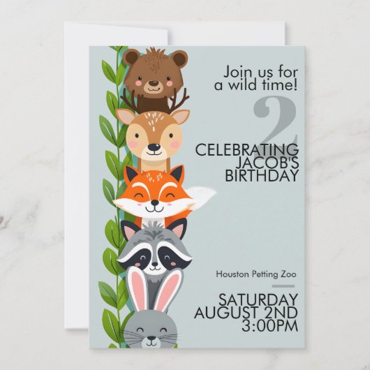 Woodland Zoo Animal Birthday Invitation Kaart (Voorkant)