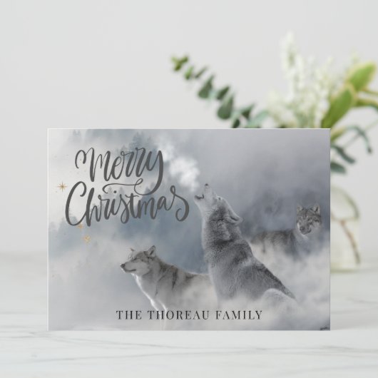 Woodlands Wolves Winter Merry Kerstfeestdag C Feestdagenkaart (Staand voorkant)