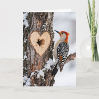 Woodpecker Beside Heart-Shaped Tree Hole Kaart