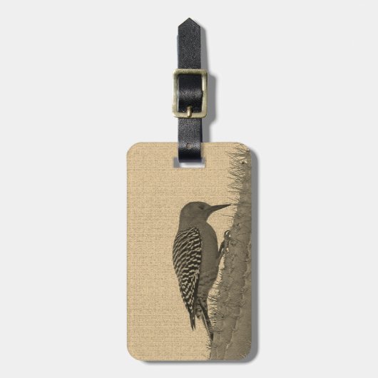Woodpecker Foto Sepia Saguaro Cactus Arizona Bagagelabel (Voorkant verticaal)