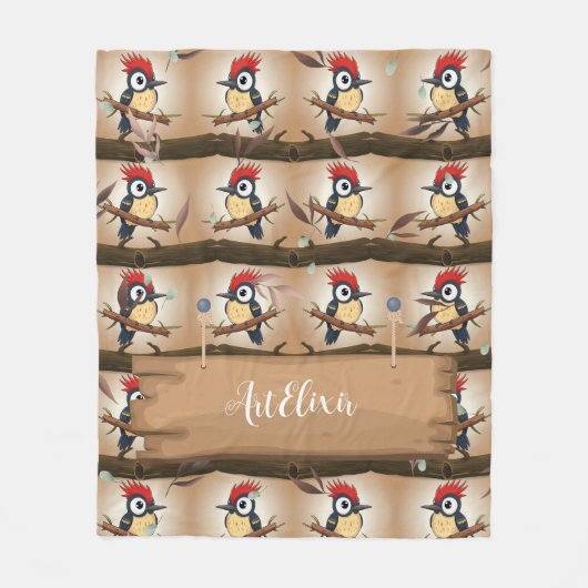 Woodpecker Kawaii bladeren print Fleece Deken (Voorkant)