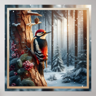 Woodpecker sits on a tree trunk poster