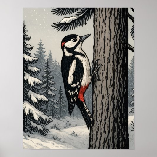 Woodpecker sits on a tree trunk poster (Voorkant)