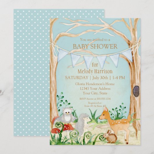 Woodsy Boho Animal Deer Fox Rabbit Owl Baby shower Kaart (Voorkant / Achterkant)