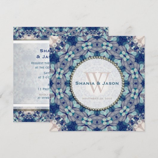 Woodsy Boho Folk Navy BlueMonogram Uitnodiging (Voorkant / Achterkant)