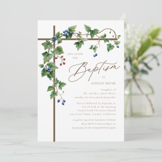 Woodsy Brown Cross Botanische Grapevine doop Kaart (Staand voorkant)