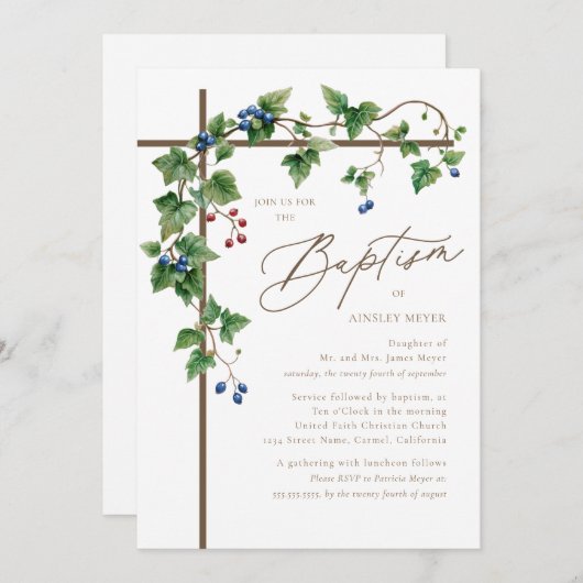 Woodsy Brown Cross Botanische Grapevine doop Kaart (Voorkant / Achterkant)