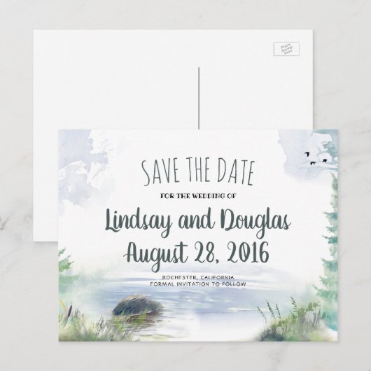 Woodsy Mountains Lake Adventure Save the Date Aankondigingskaart (Voorkant / Achterkant)
