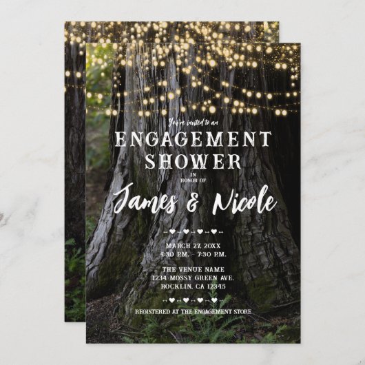 Woodsy Tree Lights Forest Rustic Engagement Party Kaart (Voorkant / Achterkant)