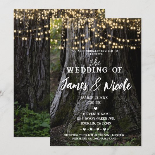 Woodsy Tree Sparkle Lights Forest Rustic Wedding Kaart (Voorkant / Achterkant)